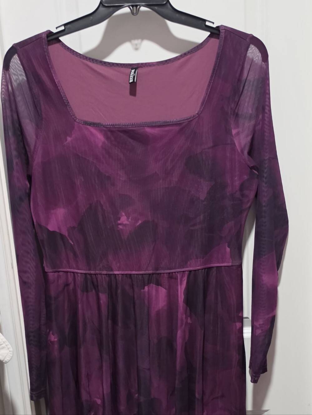 Women's Long Sleeve Purple Mesh Maxi Dress with Square Neck - Picture 2 of 6